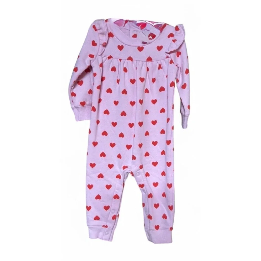 Carters Baby Girl Pink Red Heart Fleece Ruffle Jumpsuit Romper 9M